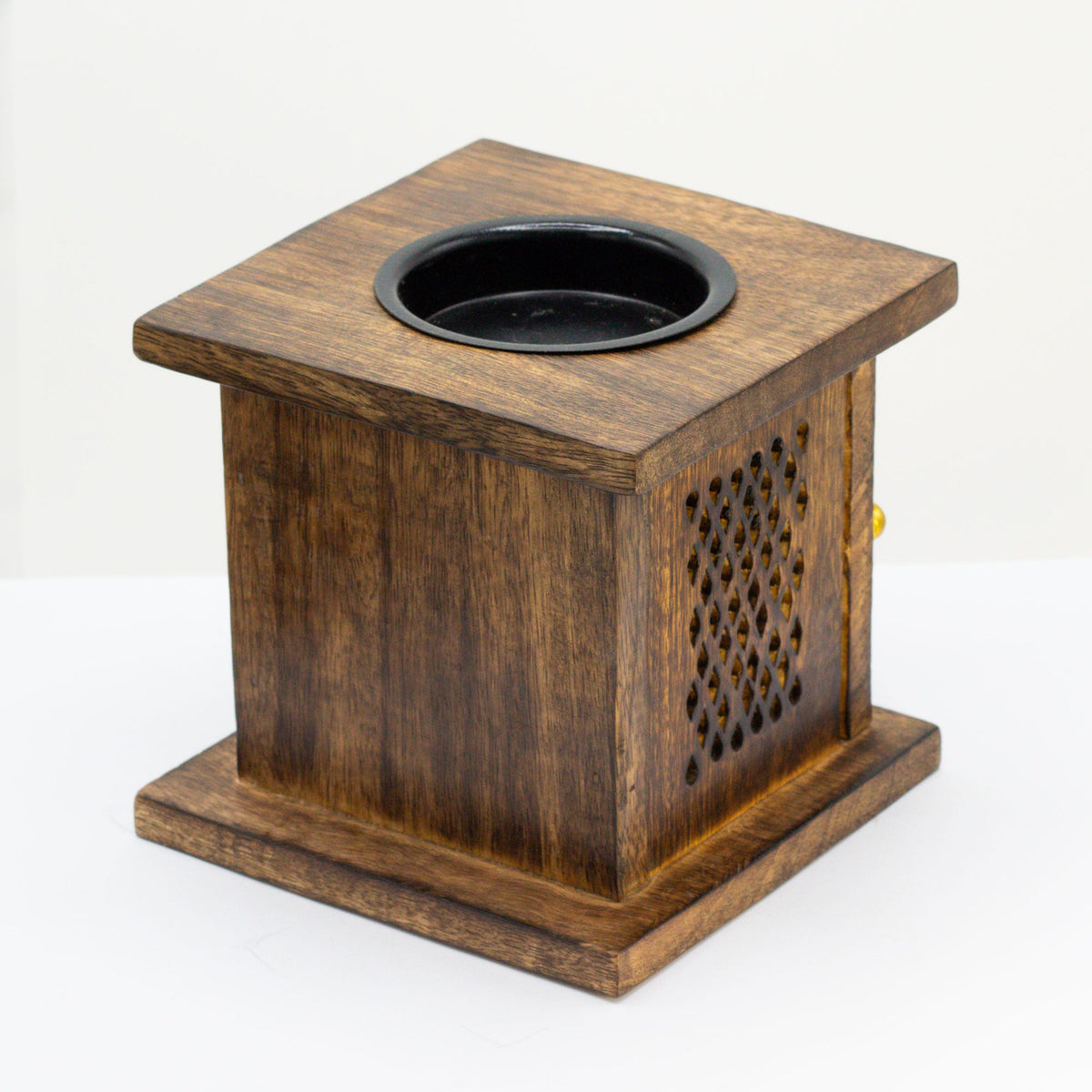 Eco-Friendly Mango Wood Box Oil or Tealight Burner - Elephant, with square top dish and carved lattice side panels by Quintessential Holistic Health Ltd