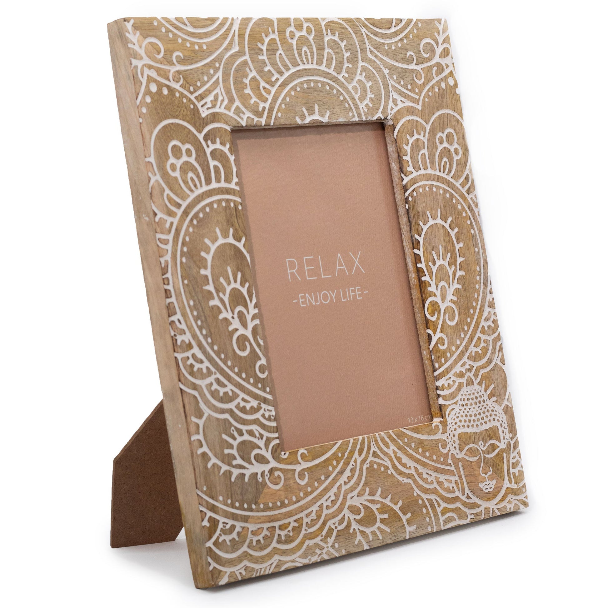Natural Mango Wooden Photo Frame - Large / Buddha / White product packaging on clean background from Quintessential Holistic Health Ltd
