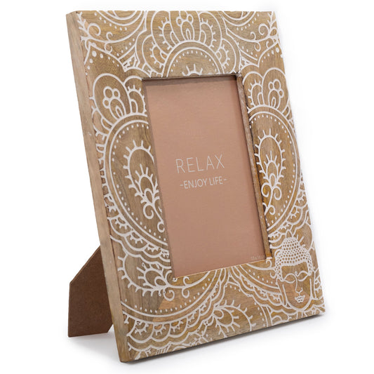 Natural Mango Wooden Photo Frame - Large / Buddha / White product packaging on clean background from Quintessential Holistic Health Ltd