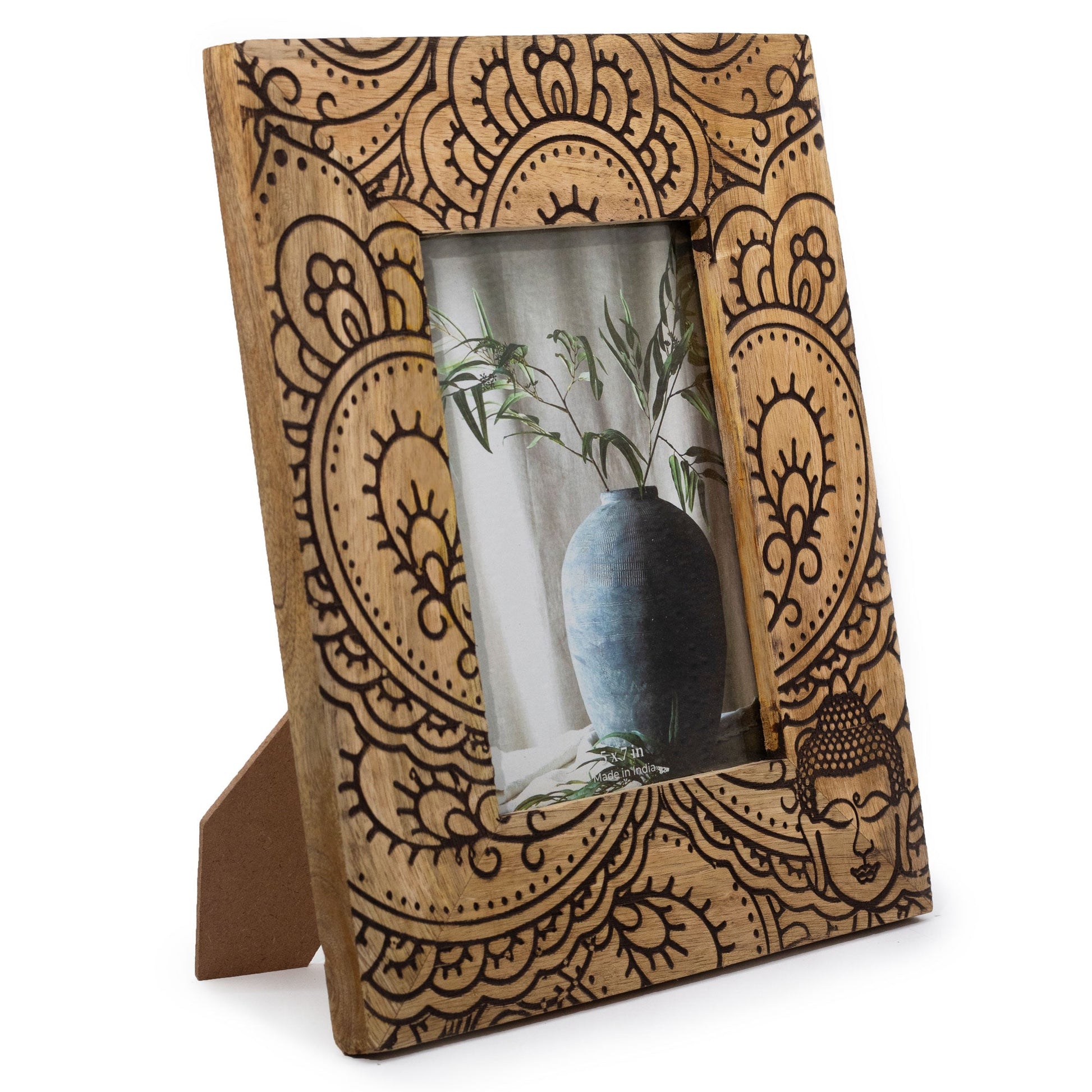 Natural Mango Wooden Photo Frame - Large / Buddha / Black product packaging on clean background from Quintessential Holistic Health Ltd