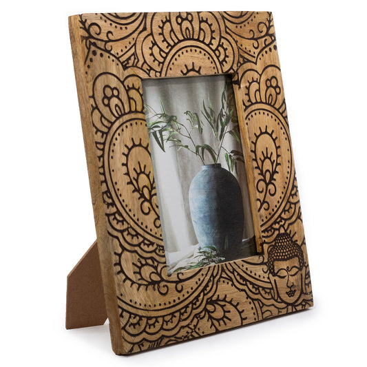 Natural Mango Wooden Photo Frame - Large / Buddha / Black product packaging on clean background from Quintessential Holistic Health Ltd