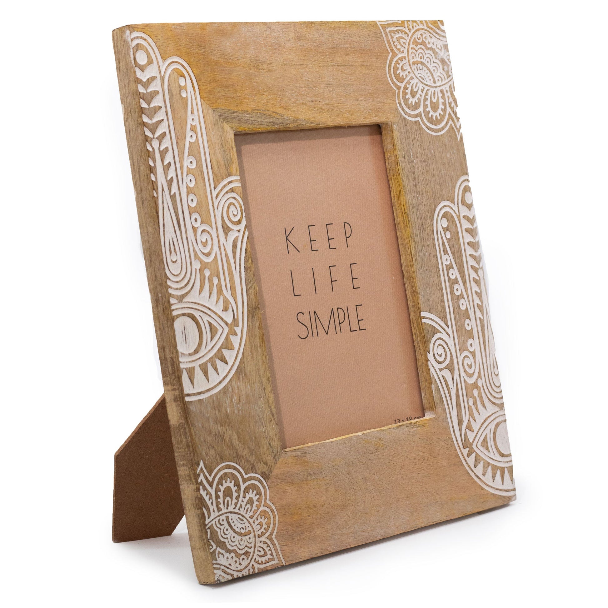 Natural Mango Wooden Photo Frame - Large / Hamsa / White product packaging on clean background from Quintessential Holistic Health Ltd