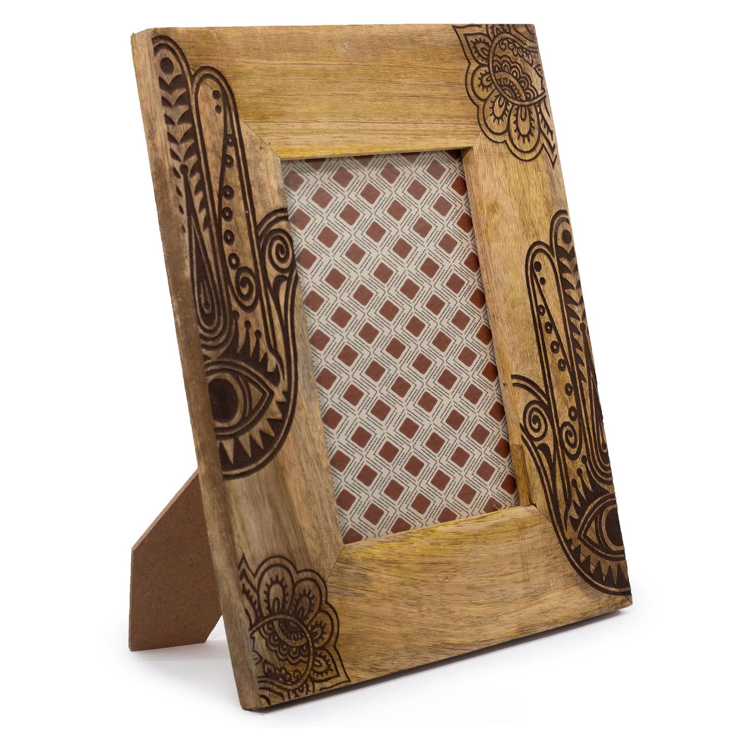 Natural Mango Wooden Photo Frame - Large / Hamsa / Black product packaging on clean background from Quintessential Holistic Health Ltd