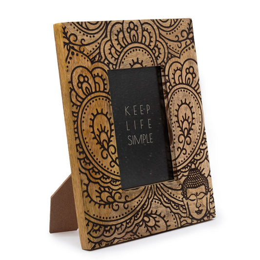 Natural Mango Wooden Photo Frame - Medium / Buddha / Black product packaging on clean background from Quintessential Holistic Health Ltd