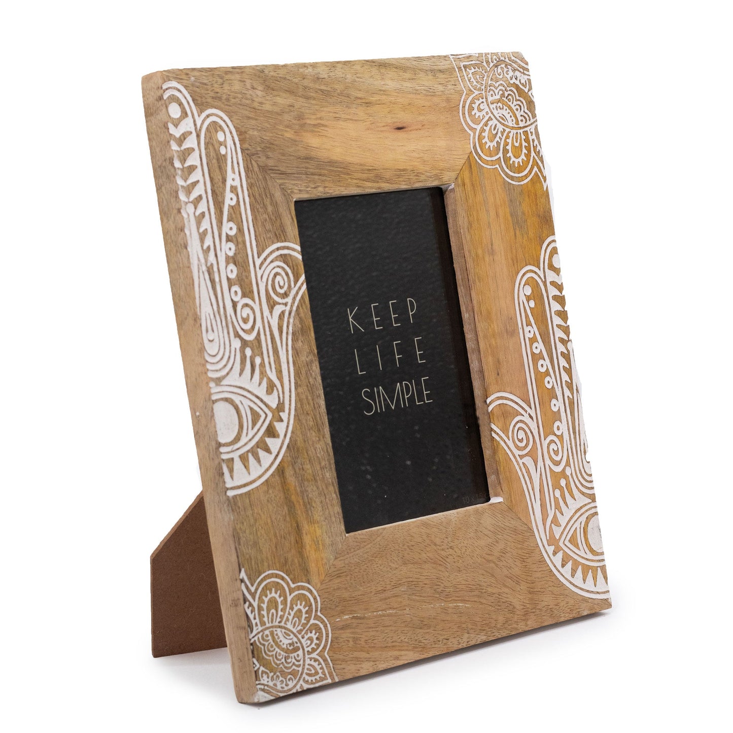 Natural Mango Wooden Photo Frame - Medium / Hamsa / White product packaging on clean background from Quintessential Holistic Health Ltd