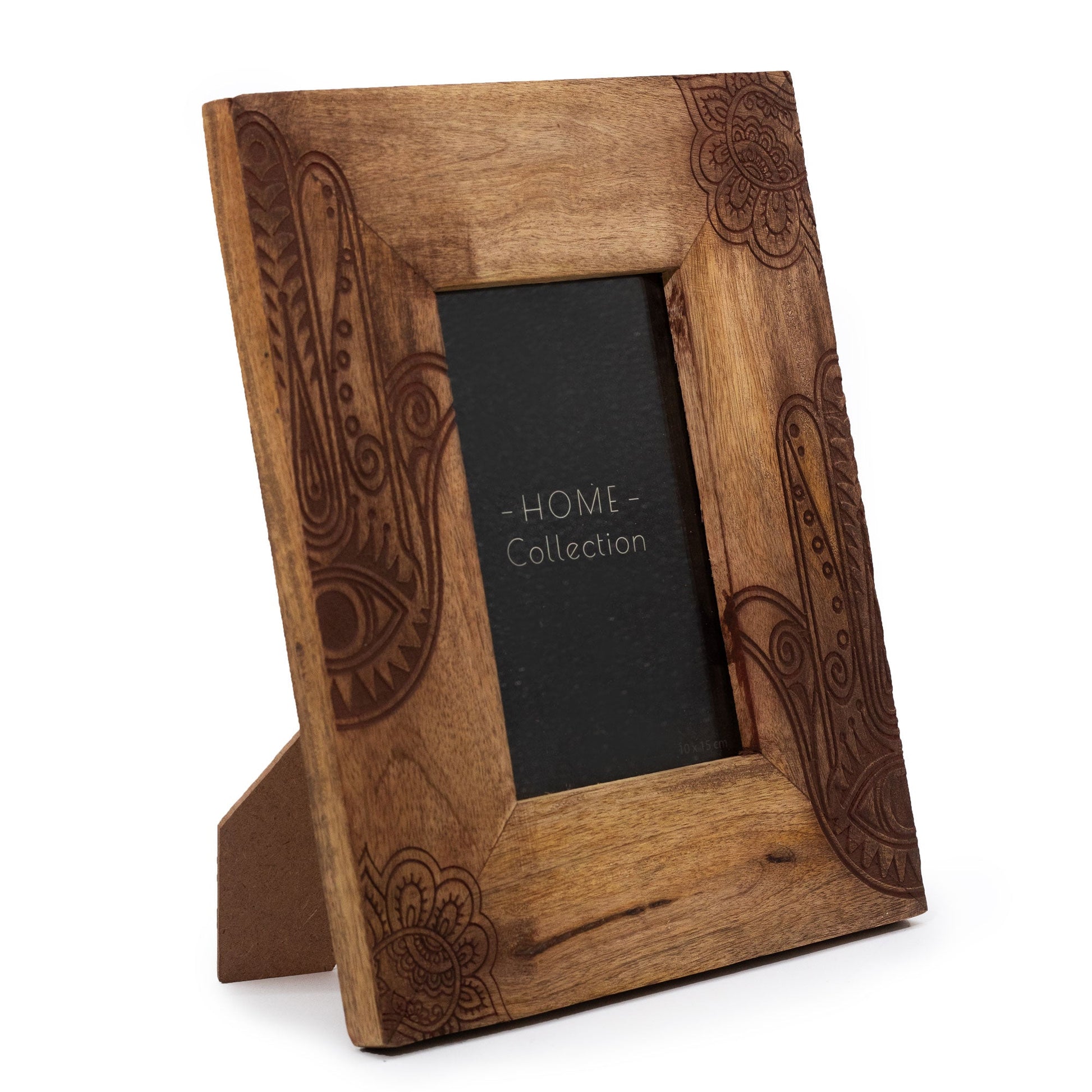 Natural Mango Wooden Photo Frame - Medium / Hamsa / Black product packaging on clean background from Quintessential Holistic Health Ltd