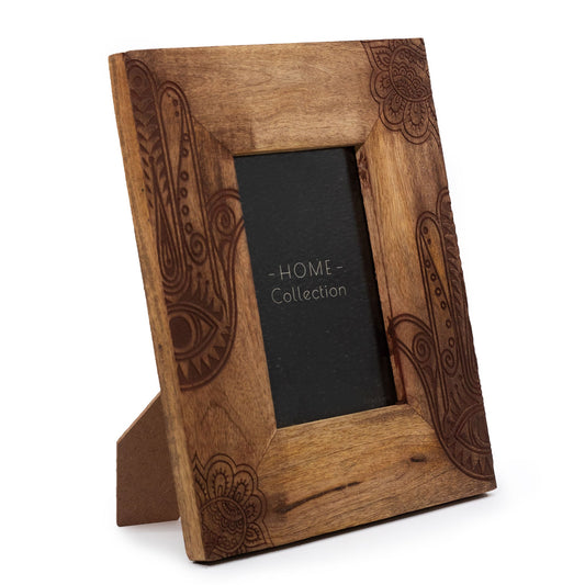Natural Mango Wooden Photo Frame - Medium / Hamsa / Black product packaging on clean background from Quintessential Holistic Health Ltd