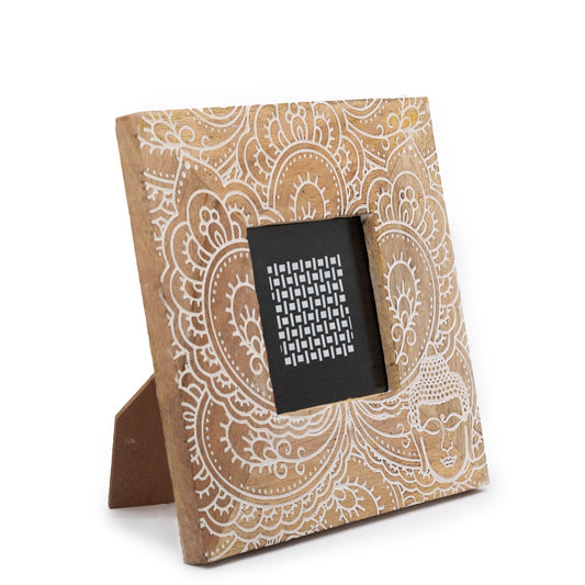 Natural Mango Wooden Photo Frame - Small / Buddha / White product packaging on clean background from Quintessential Holistic Health Ltd