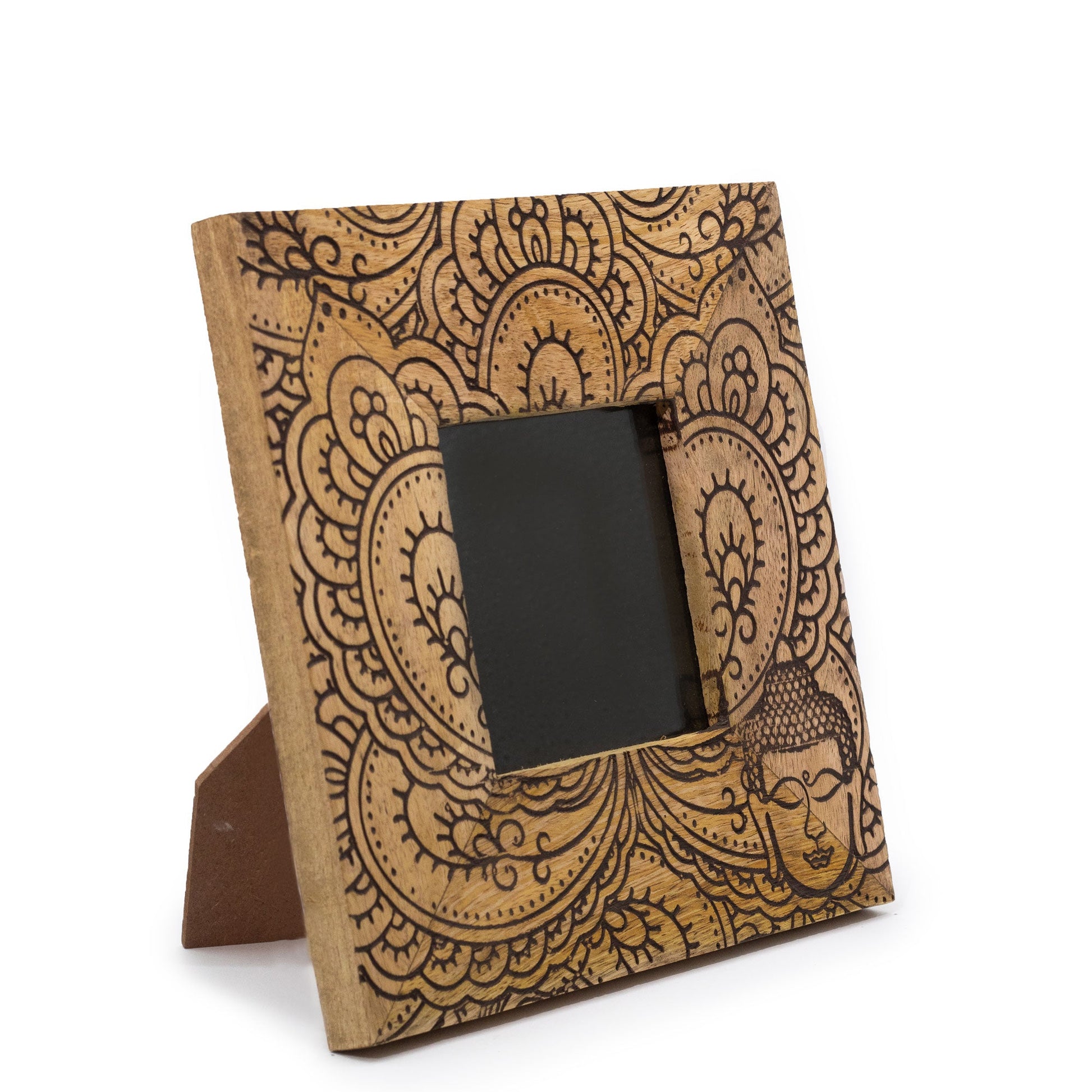 Natural Mango Wooden Photo Frame - Small / Buddha / Black product packaging on clean background from Quintessential Holistic Health Ltd