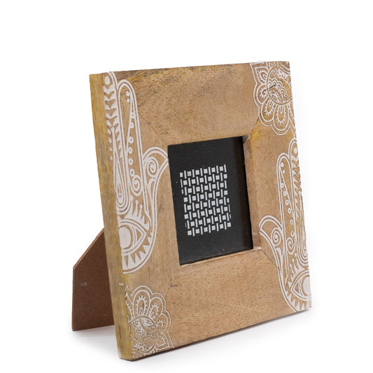 Natural Mango Wooden Photo Frame - Small / Hamsa / White product packaging on clean background from Quintessential Holistic Health Ltd