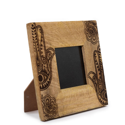 Natural Mango Wooden Photo Frame - Small / Hamsa / Black product packaging on clean background from Quintessential Holistic Health Ltd