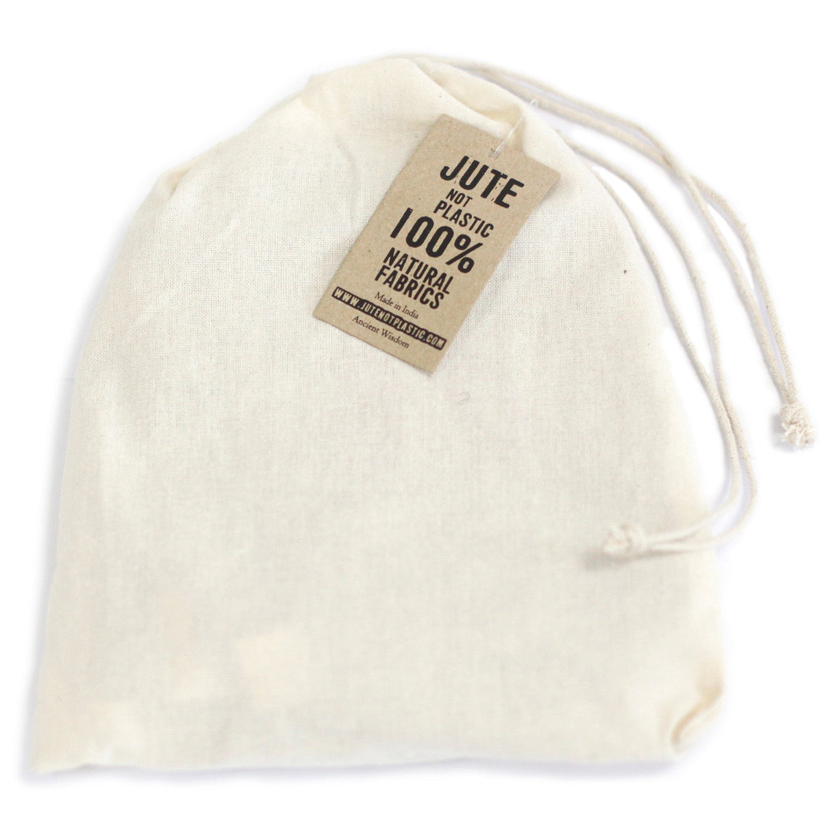 Natural Cotton Bunting - I Love You with Hearts shown as a cream drawstring bag with a hanging label by Quintessential Holistic Health Ltd