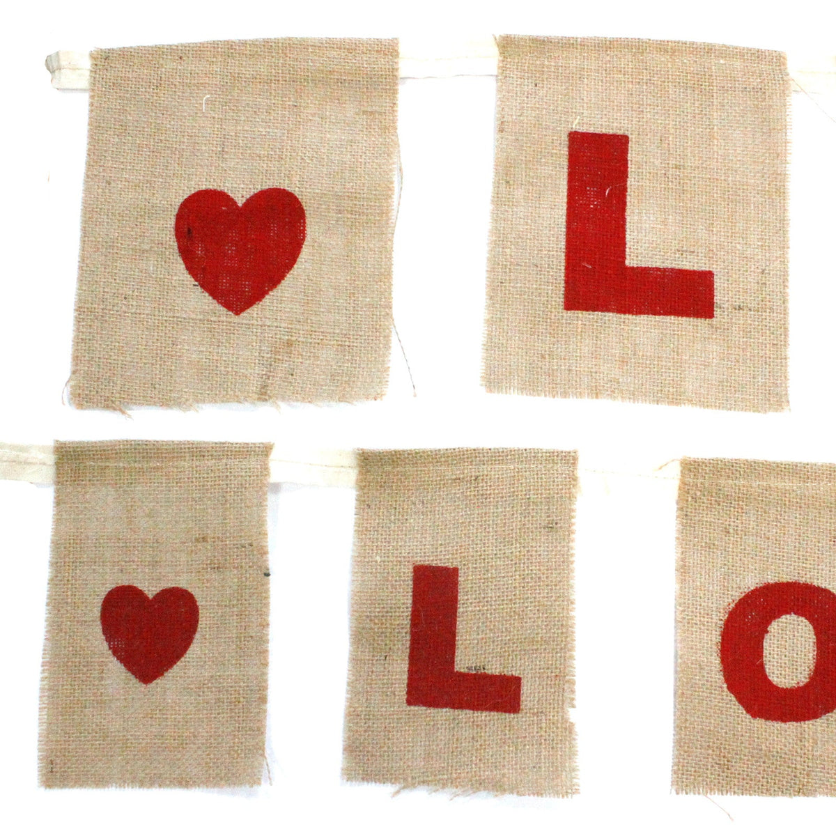 Natural Cotton Bunting - I Love You with Hearts showing separate rectangular panels printed with red hearts and letters by Quintessential Holistic Health Ltd