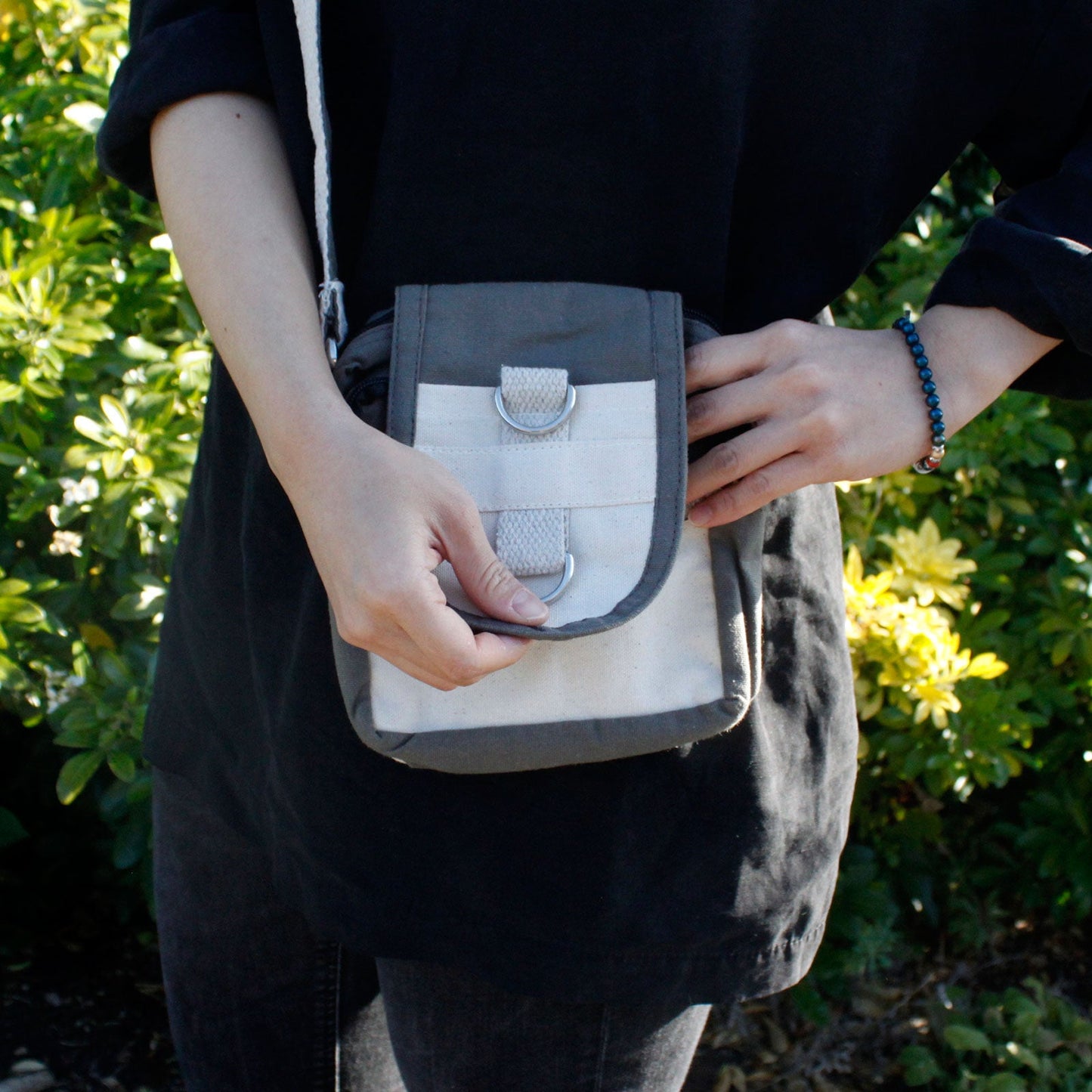 Eco-Friendly Natural Cotton Cross Body Travel Bag - Charcoal product packaging on clean background from Quintessential Holistic Health Ltd