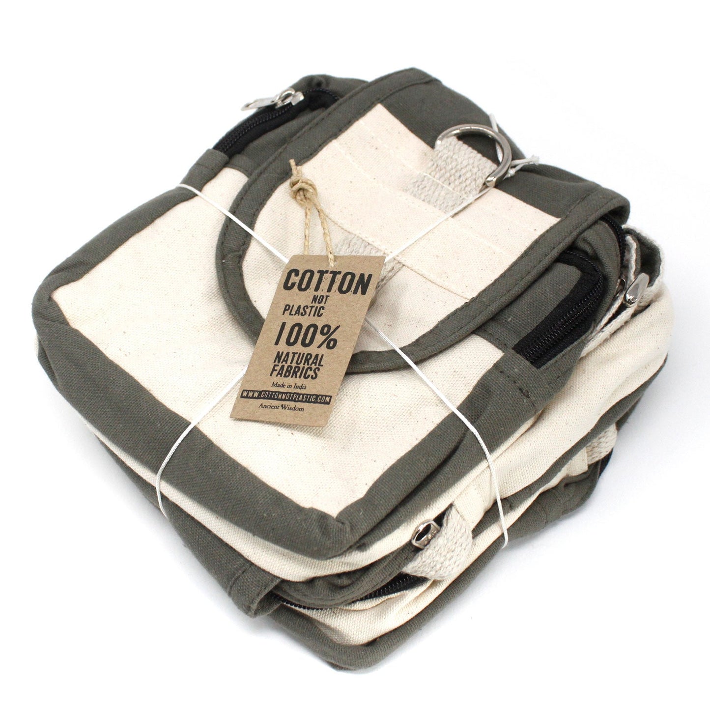 Eco-Friendly Natural Cotton Cross Body Travel Bag - Charcoal product packaging on clean background from Quintessential Holistic Health Ltd