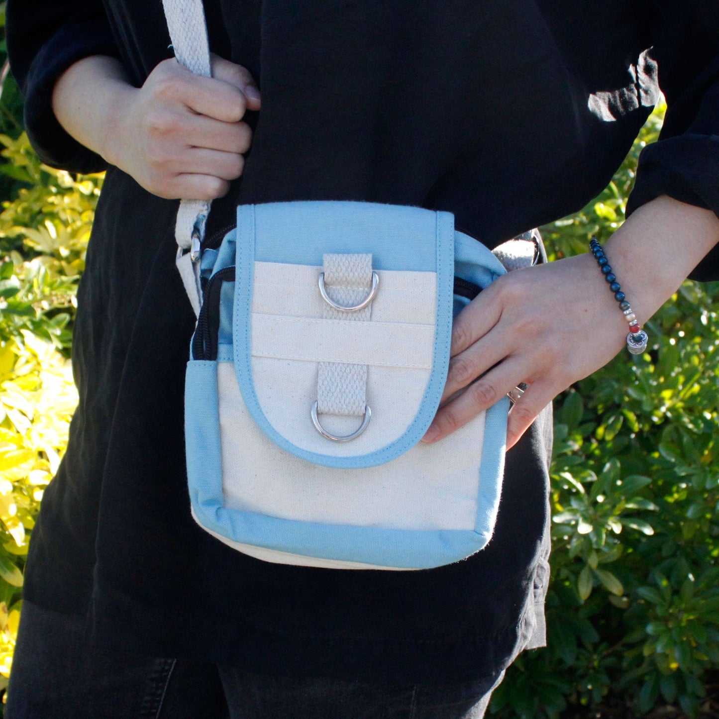 Eco-Friendly Natural Cotton Cross Body Travel Bag - Teal Blue product packaging on clean background from Quintessential Holistic Health Ltd
