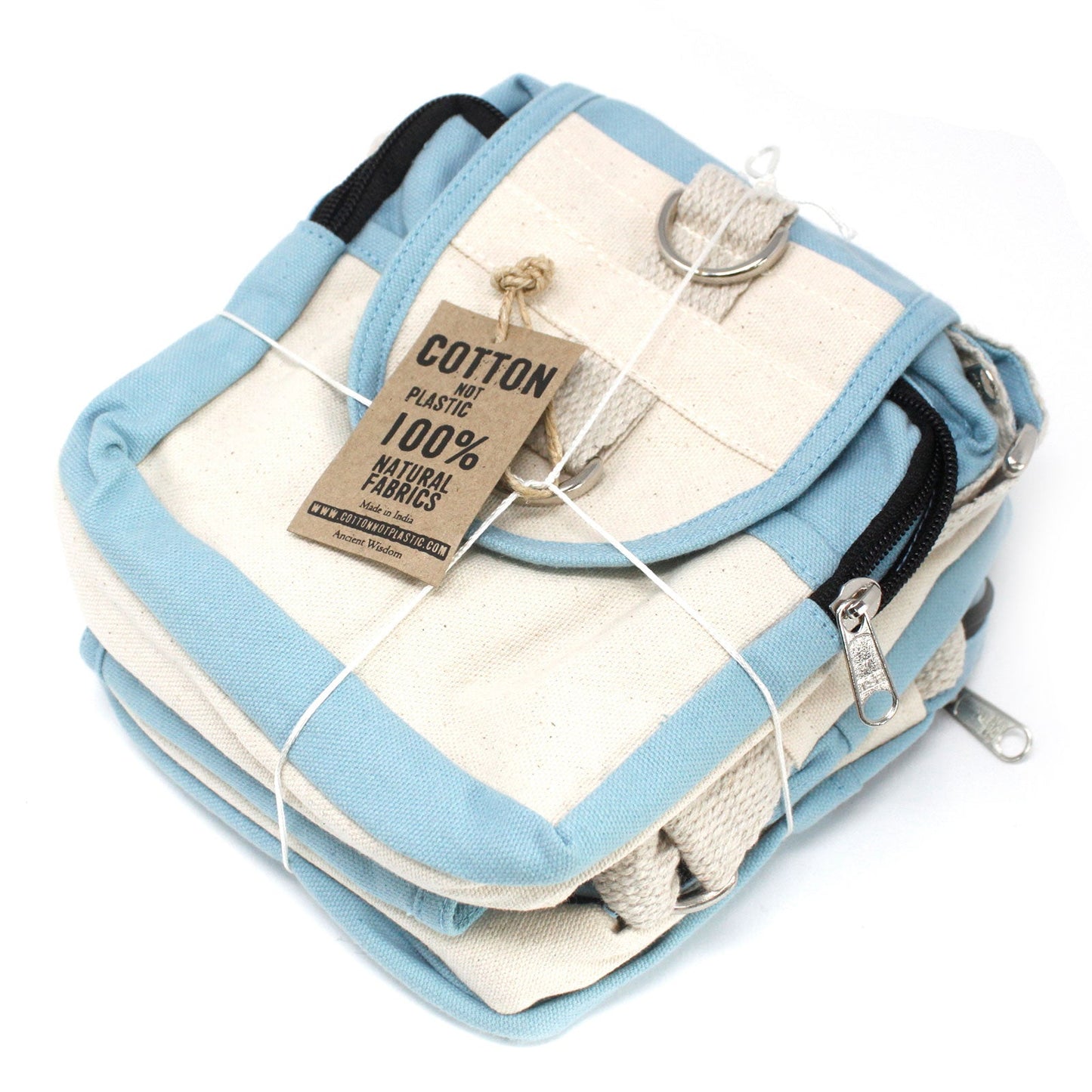 Eco-Friendly Natural Cotton Cross Body Travel Bag - Teal Blue product packaging on clean background from Quintessential Holistic Health Ltd