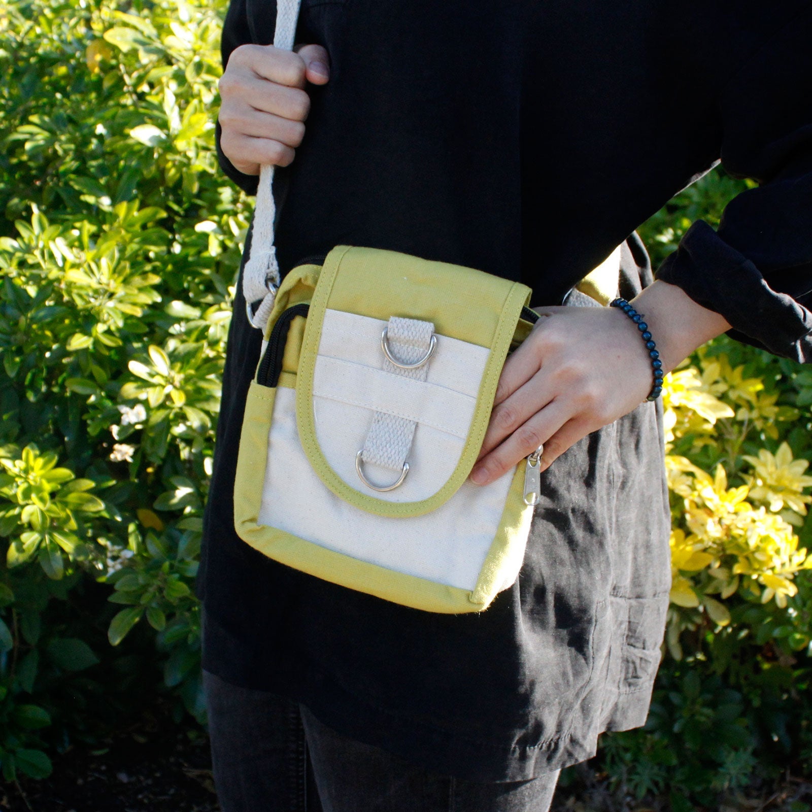 Eco-Friendly Natural Cotton Cross Body Travel Bag - Olive product packaging on clean background from Quintessential Holistic Health Ltd