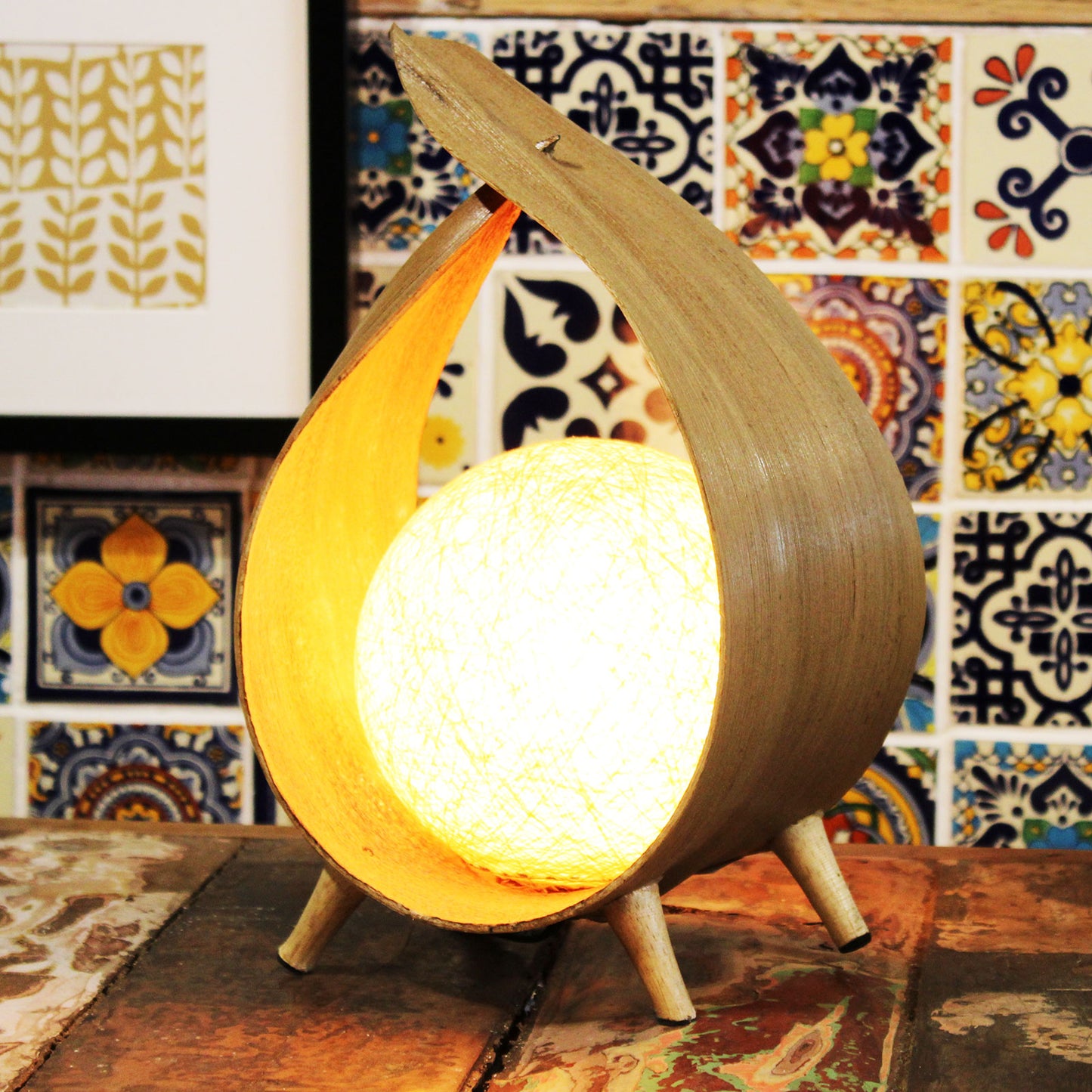 Handmade LED Natural Coconut Leaf Lamp - Natural / Loop product packaging on clean background from Quintessential Holistic Health Ltd
