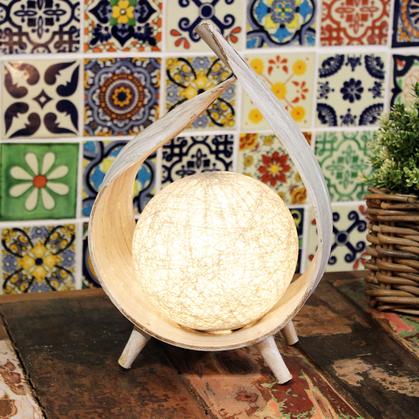 Handmade LED Natural Coconut Leaf Lamp - White / Greywash / Wrap Over product packaging on clean background from Quintessential Holistic Health Ltd