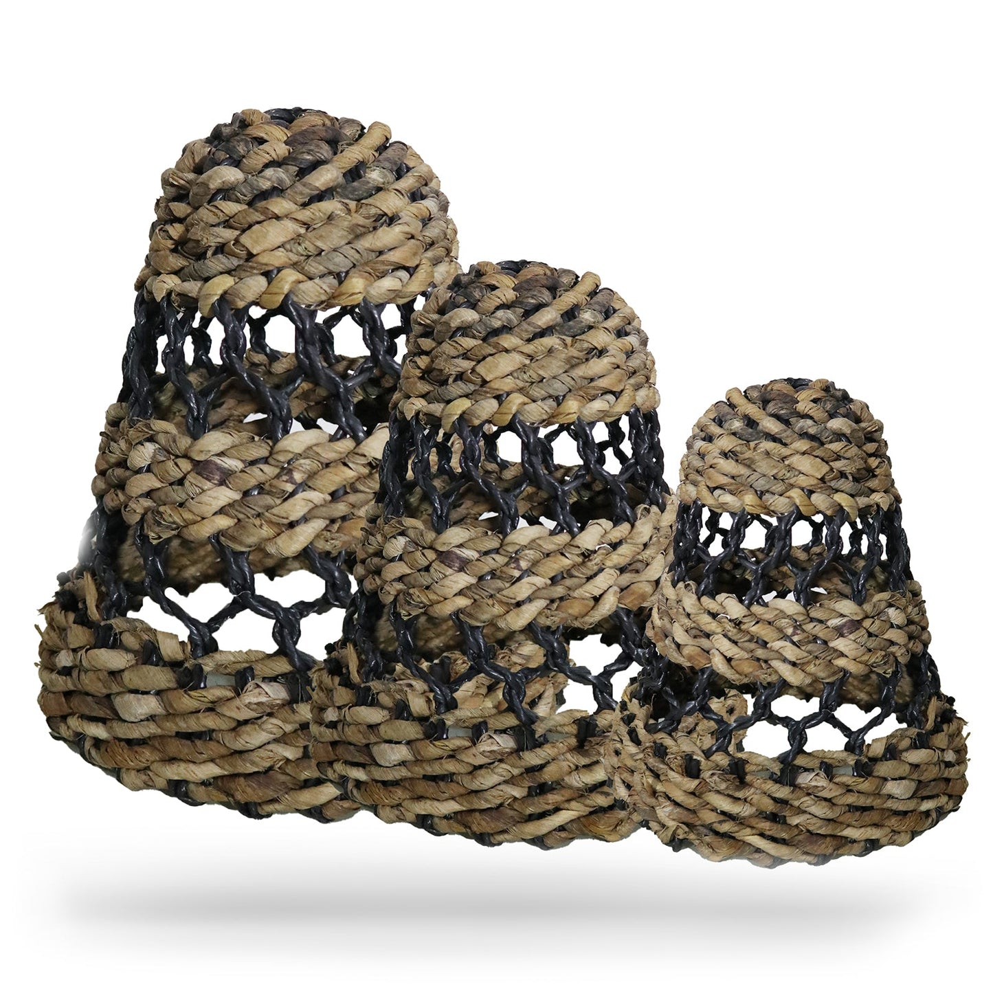 Set of 3 Handcrafted Banana Leaf and Hitam Raffia Lamp Shades - Natural product packaging on clean background from Quintessential Holistic Health Ltd