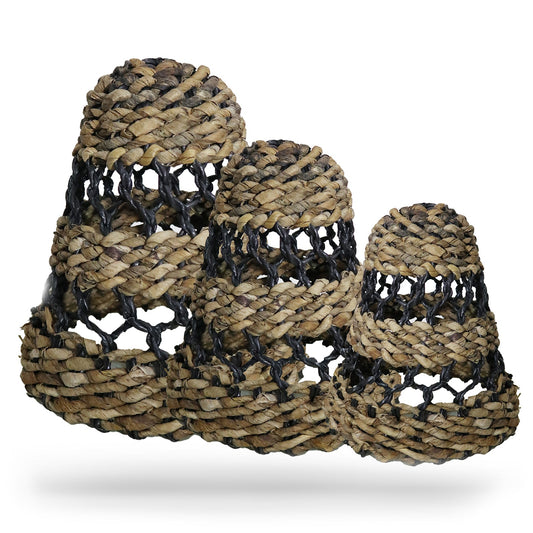 Set of 3 Handcrafted Banana Leaf and Hitam Raffia Lamp Shades - Natural product packaging on clean background from Quintessential Holistic Health Ltd