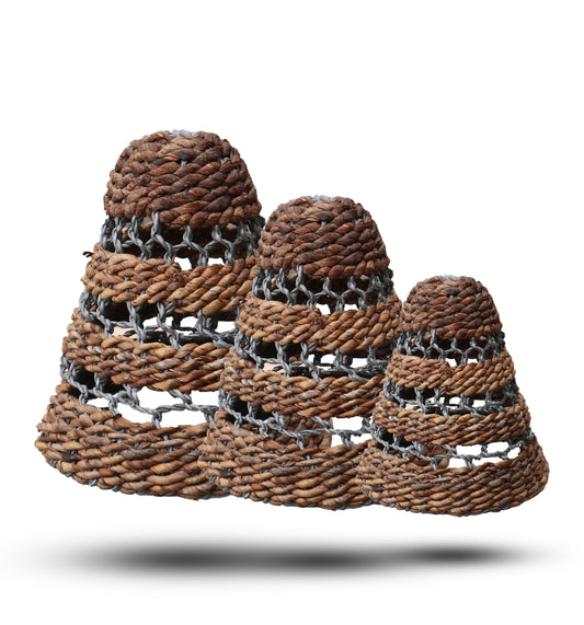 Set of 3 Handcrafted Banana Leaf and Abu - Abu Raffia Lamp Shades - Natural product packaging on clean background from Quintessential Holistic Health Ltd