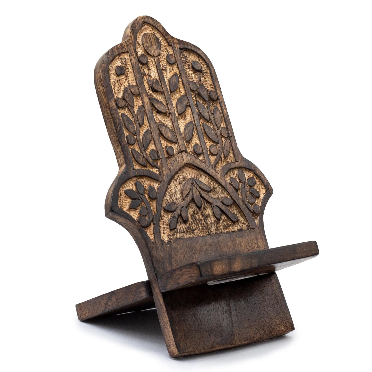 Hand Carved Mango Wooden Phone Stand - Hamsa product packaging on clean background from Quintessential Holistic Health Ltd