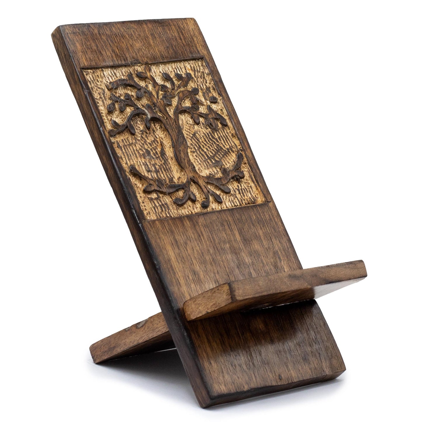 Hand Carved Mango Wooden Phone Stand - Tree of Life product packaging on clean background from Quintessential Holistic Health Ltd