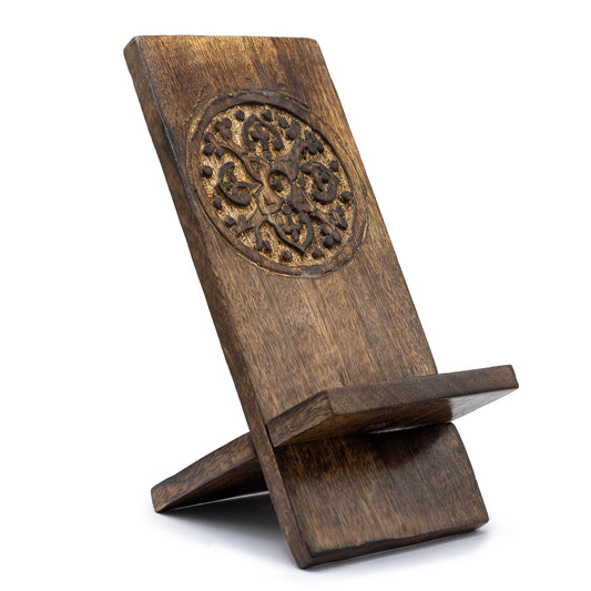 Hand Carved Mango Wooden Phone Stand - Mandala product packaging on clean background from Quintessential Holistic Health Ltd