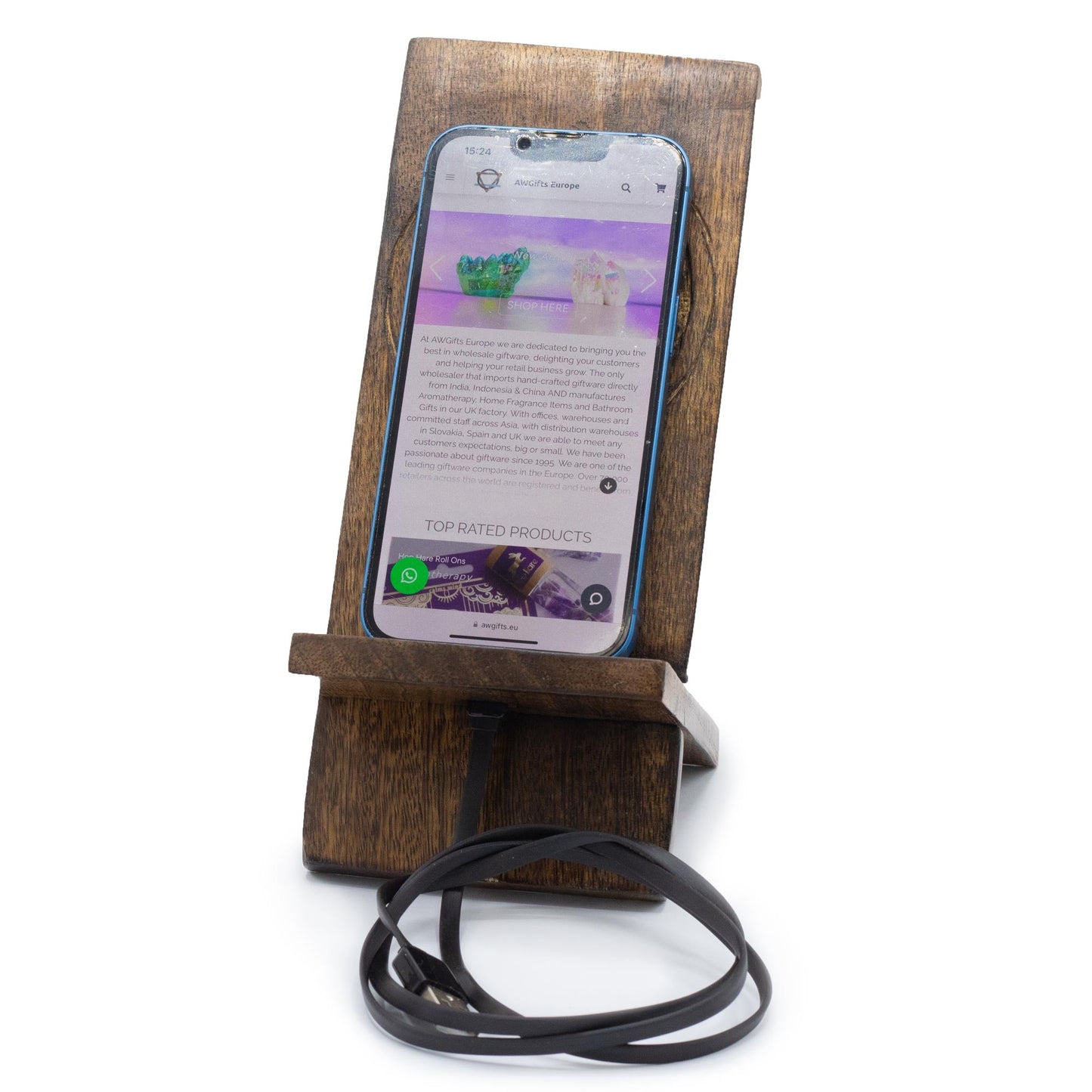 Hand Carved Mango Wooden Phone Stand - Buddha product packaging on clean background from Quintessential Holistic Health Ltd