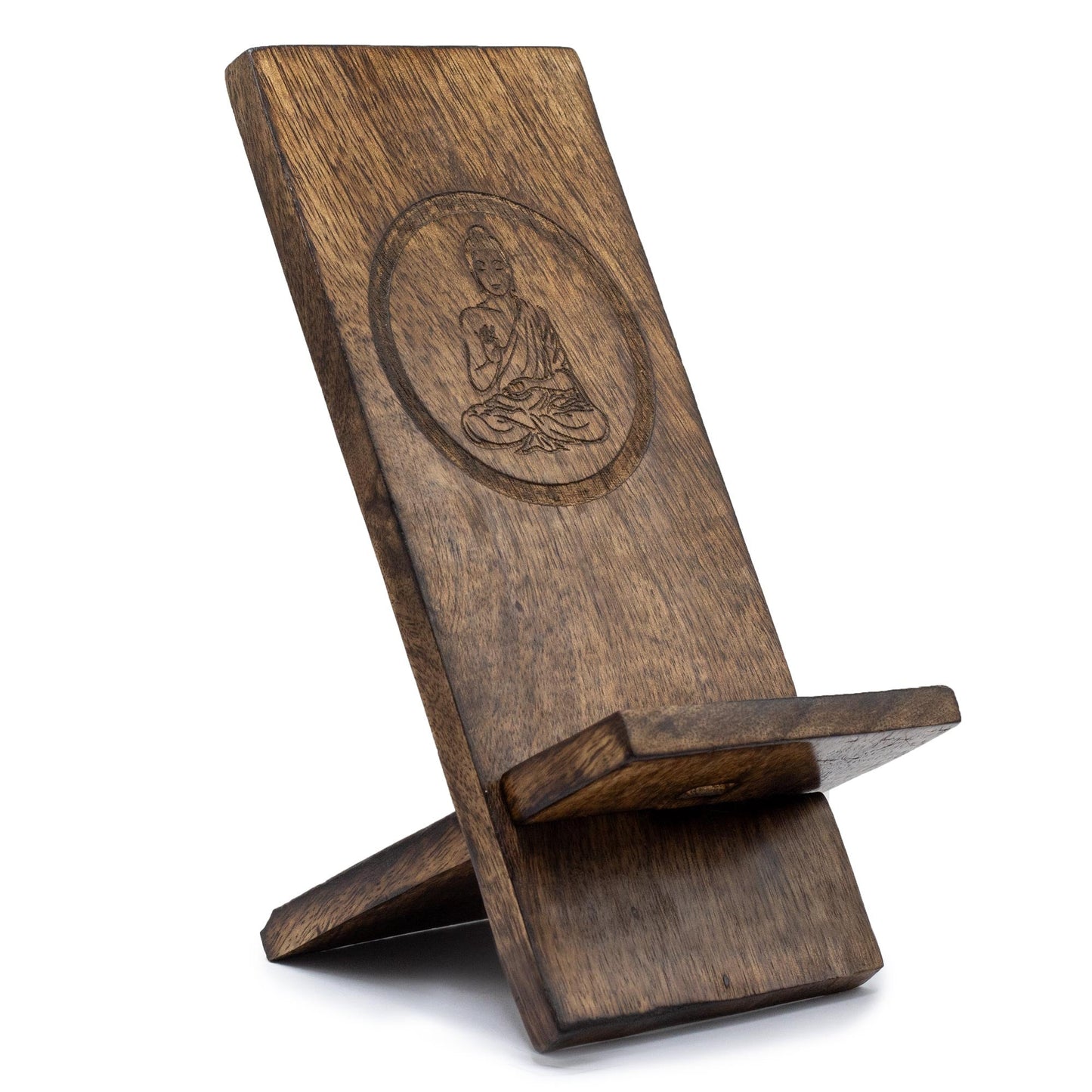 Hand Carved Mango Wooden Phone Stand - Buddha product packaging on clean background from Quintessential Holistic Health Ltd