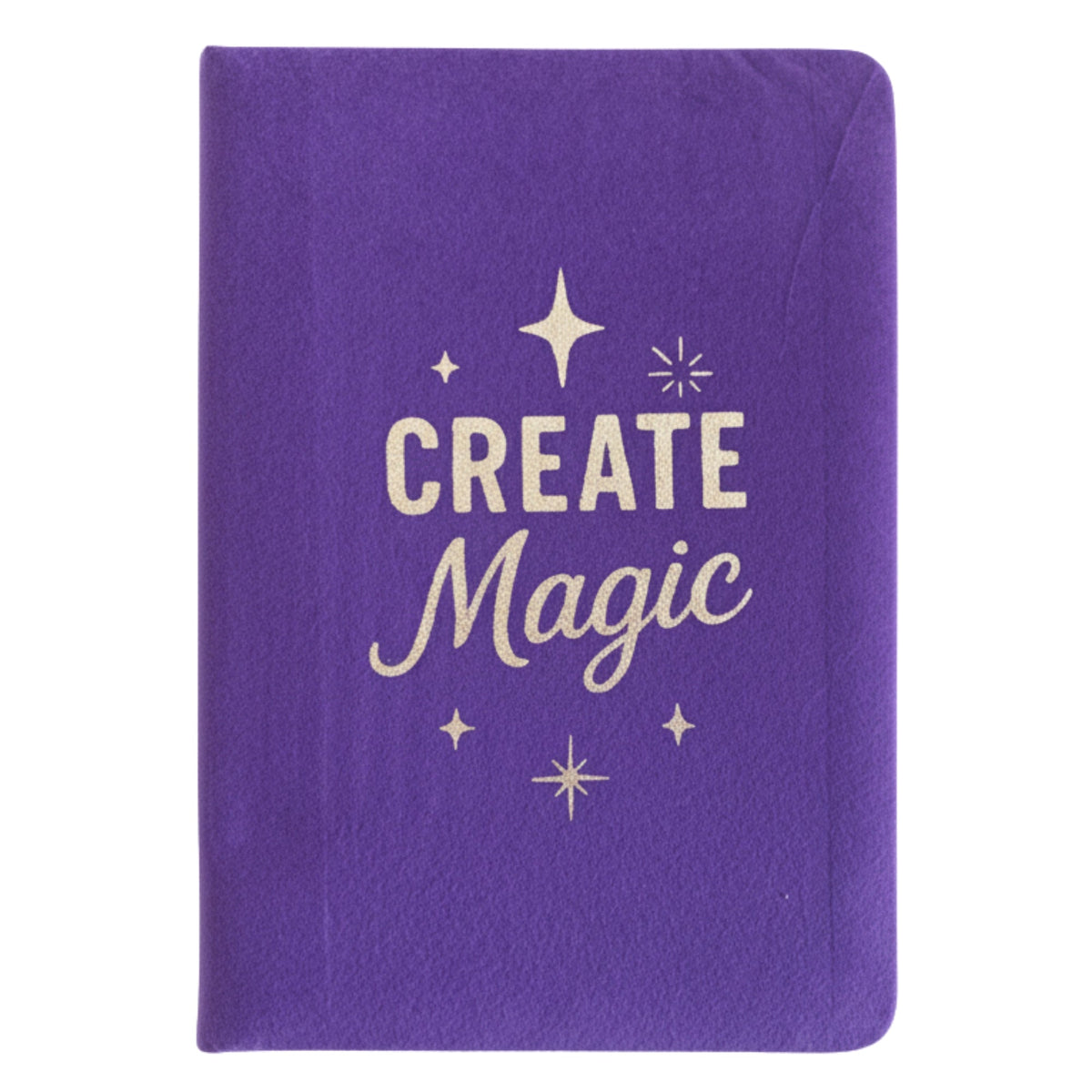 Velvet Journal - A5 - Purple - Create Magic shown closed with lettering and star motifs on the front cover by Quintessential Holistic Health Ltd