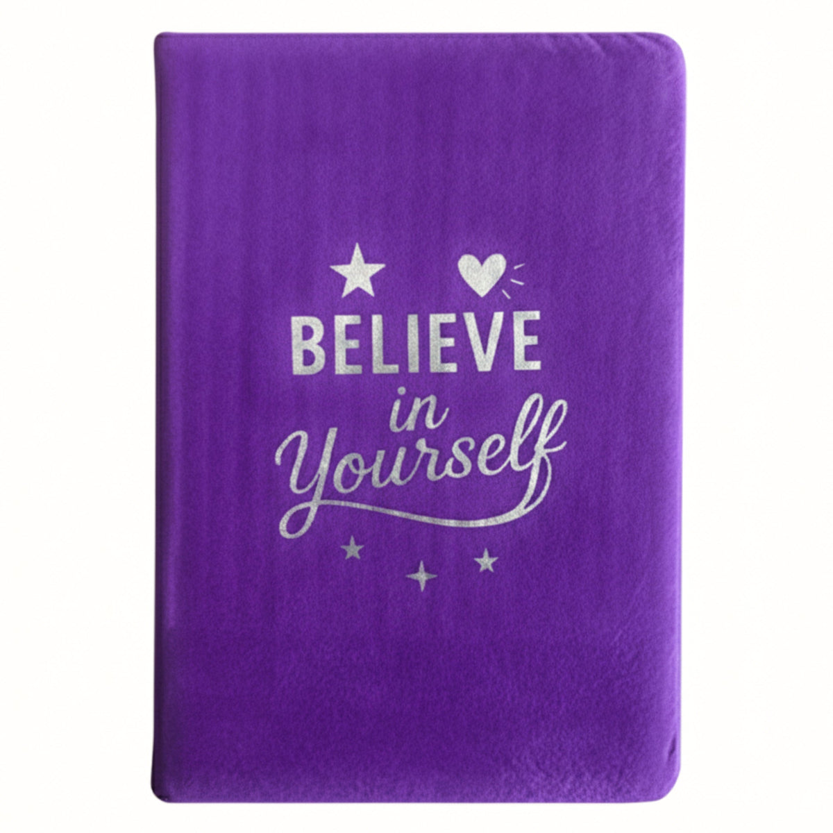 Velvet Journal - A5 - Lavender - Believe in Yourself, closed purple journal with white lettering, heart and stars by Quintessential Holistic Health Ltd