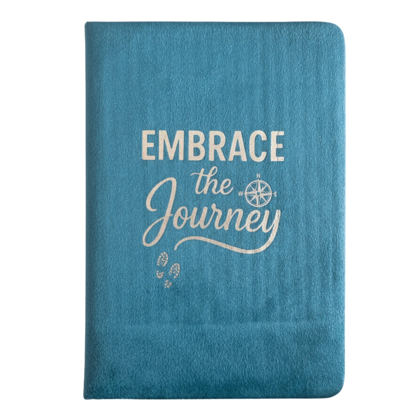 A5 Light Blue Velvet Journal – Embrace the Journey, closed blue journal with white lettering and footprint motifs, by Quintessential Holistic Health Ltd