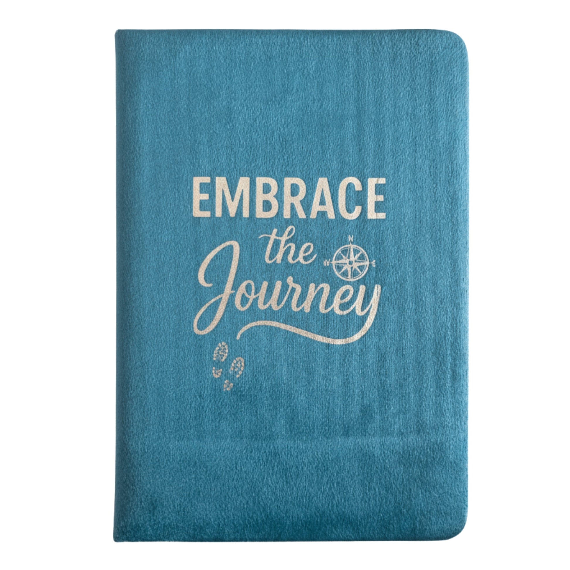 A5 Light Blue Velvet Journal – Embrace the Journey, closed blue journal with white lettering and footprint motifs, by Quintessential Holistic Health Ltd
