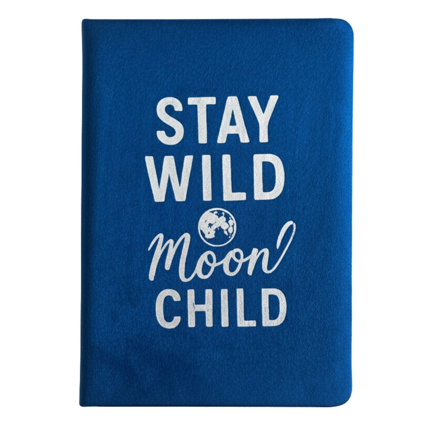 A5 Dark Blue Velvet Journal - Stay Wild Moon Child, closed journal with white lettering and crescent moon motif by Quintessential Holistic Health Ltd