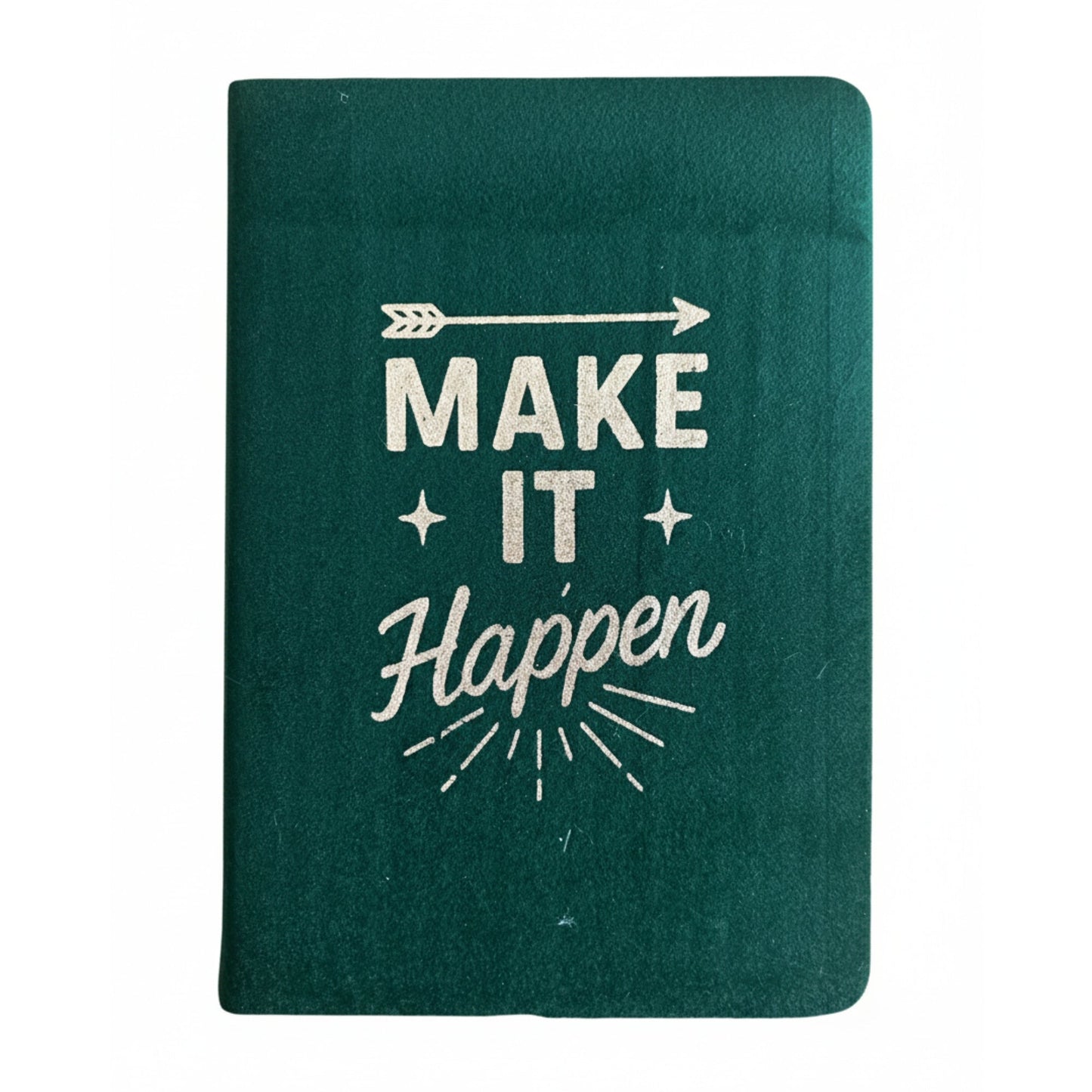 A5 Dark Green Velvet Journal - Make It Happen, closed journal with cream lettering, arrow, stars and decorative rays by Quintessential Holistic Health Ltd