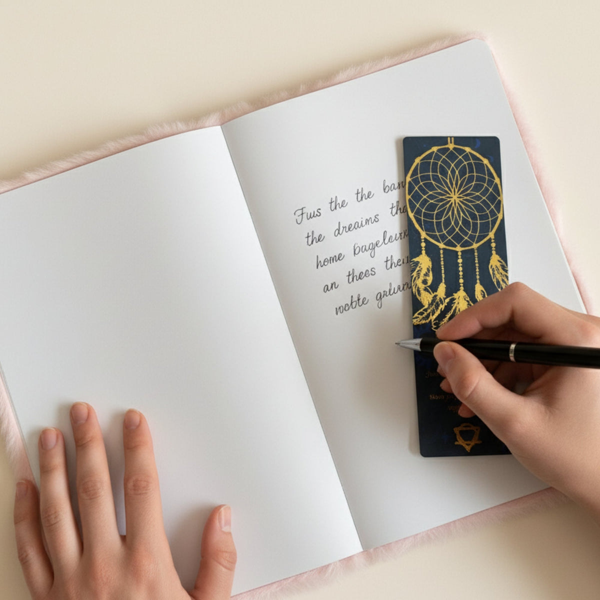 Soft Journal - A5 - Pastel Blue and Yellow - Moonlight Messages, open as a hand writes beside a dark illustrated bookmark by Quintessential Holistic Health Ltd