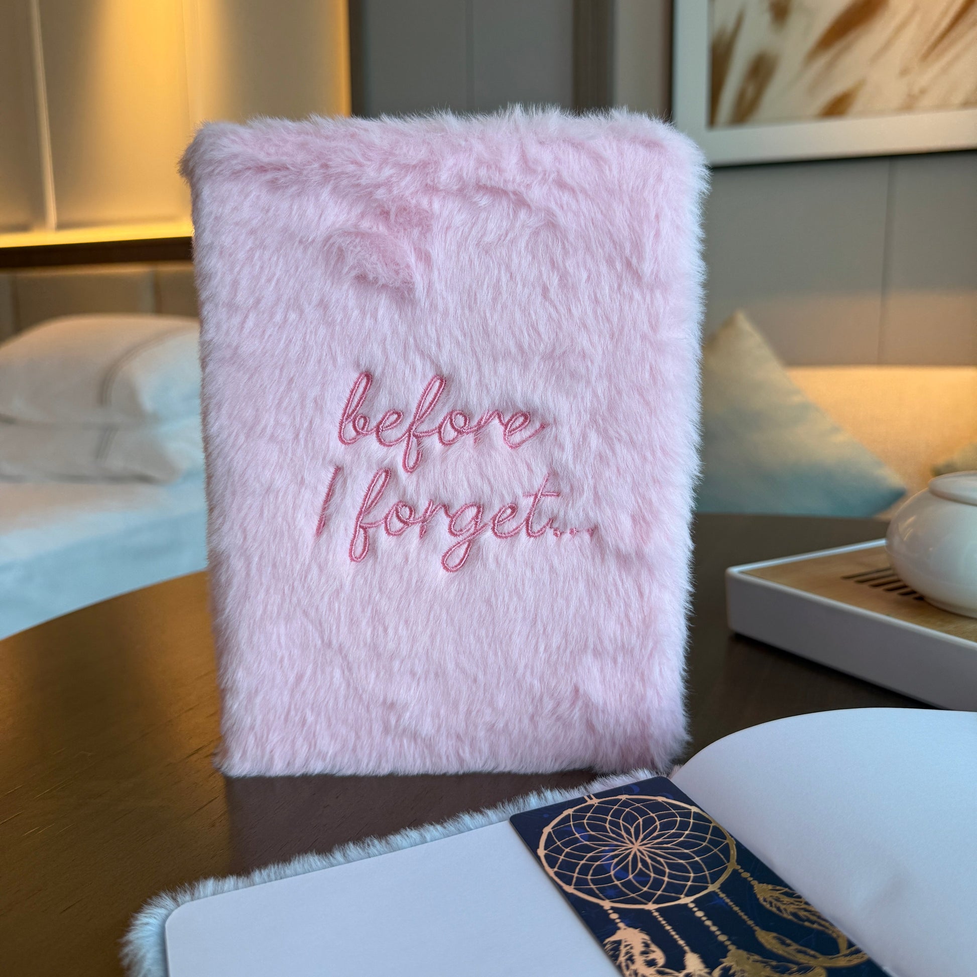 Soft Dream Journal - A5 - Pastel Pink - Before I Forget, upright with embroidered script on the fluffy cover by Quintessential Holistic Health Ltd