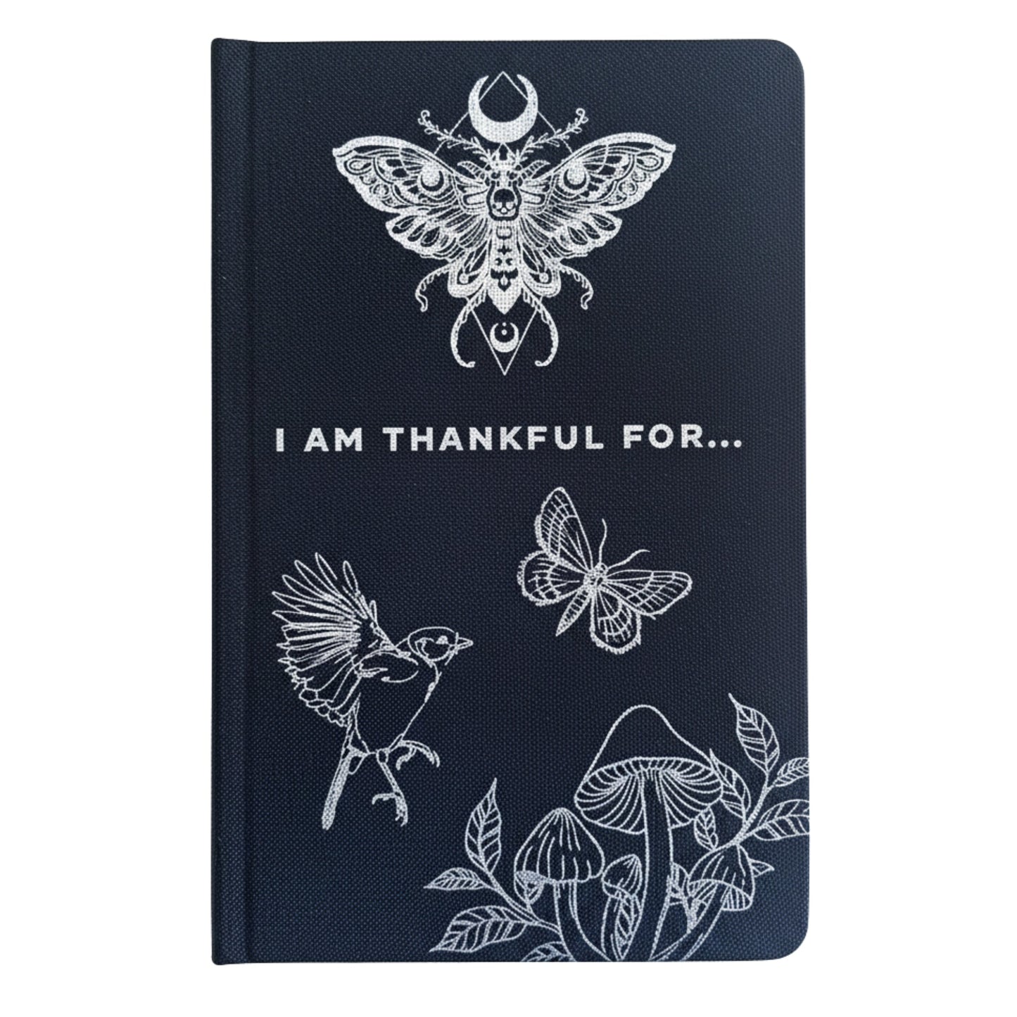 Gratitude Journal with Silver - A5 - Black - I am Thankful, closed with silver moth, bird, butterfly and mushroom designs by Quintessential Holistic Health Ltd