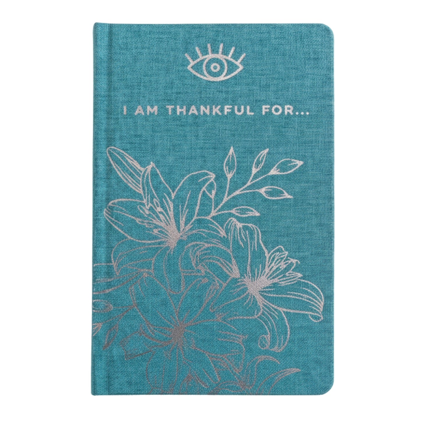 A5 Blue 'I Am Thankful For' Journal with Silver Lining, teal front cover with silver floral line art and an eye symbol by Quintessential Holistic Health Ltd