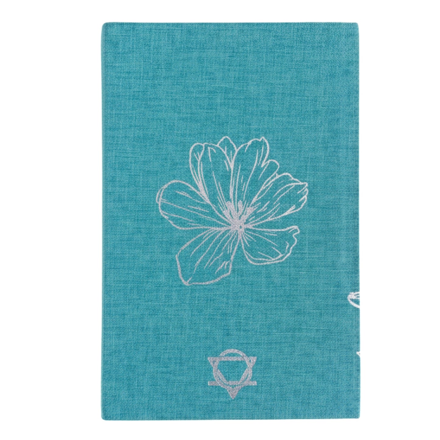 A5 Blue 'I Am Thankful For' Journal with Silver Lining, teal back cover with silver flower line art and a small circular symbol by Quintessential Holistic Health Ltd