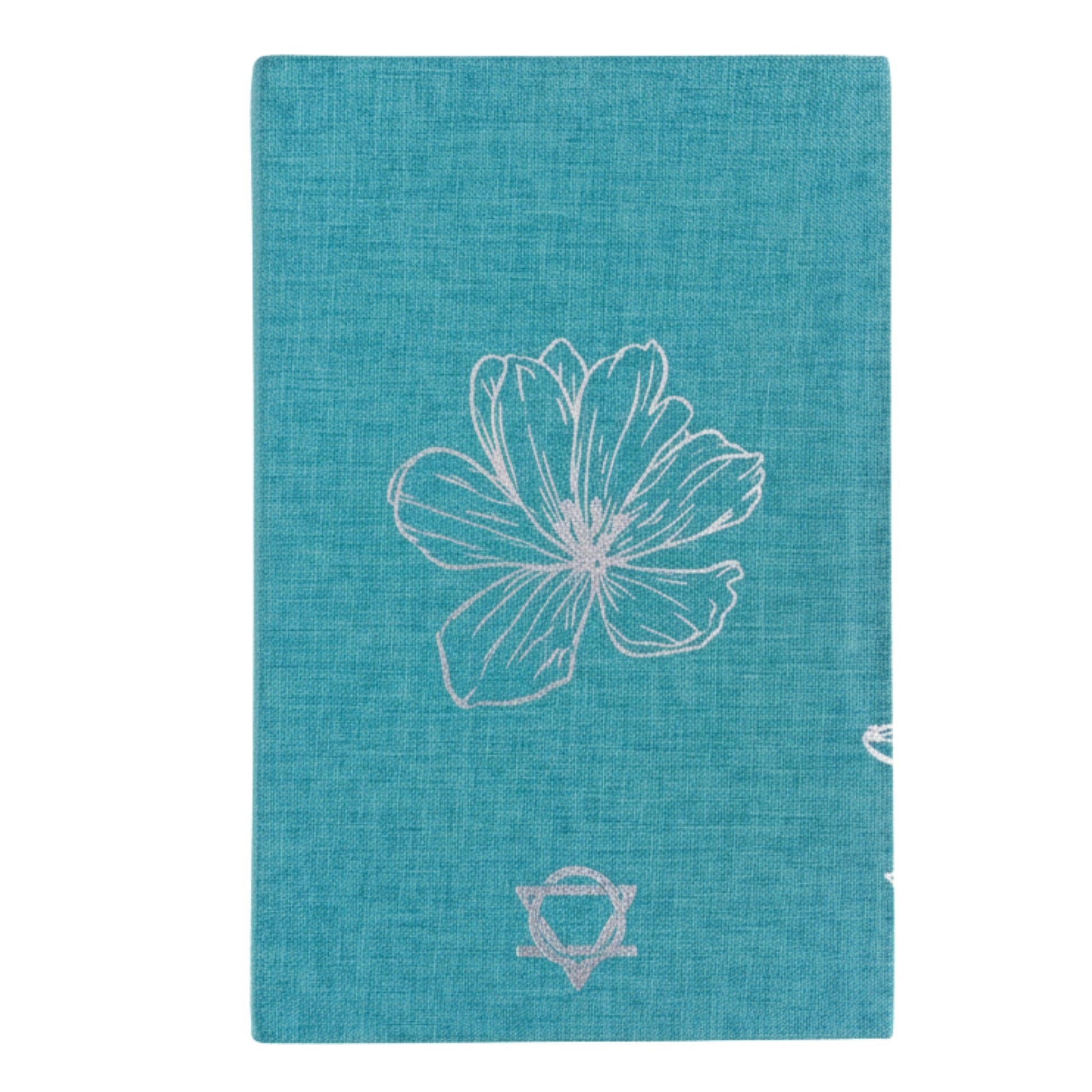 A5 Blue 'I Am Thankful For' Journal with Silver Lining, teal back cover with silver flower line art and a small circular symbol by Quintessential Holistic Health Ltd