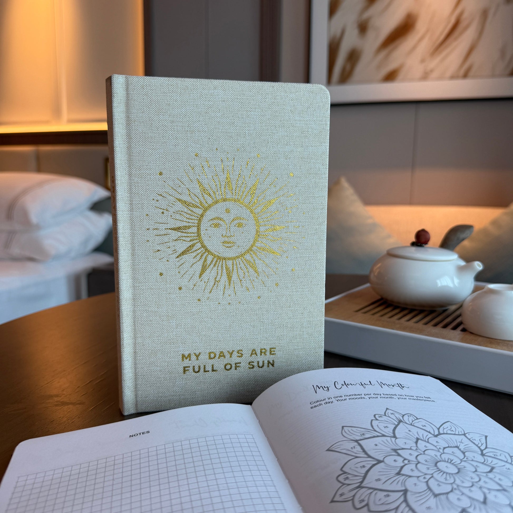 A5 Gratitude Journal with Gold Lining - Ivory / My Days are Full of Sun product packaging on clean background from Quintessential Holistic Health Ltd