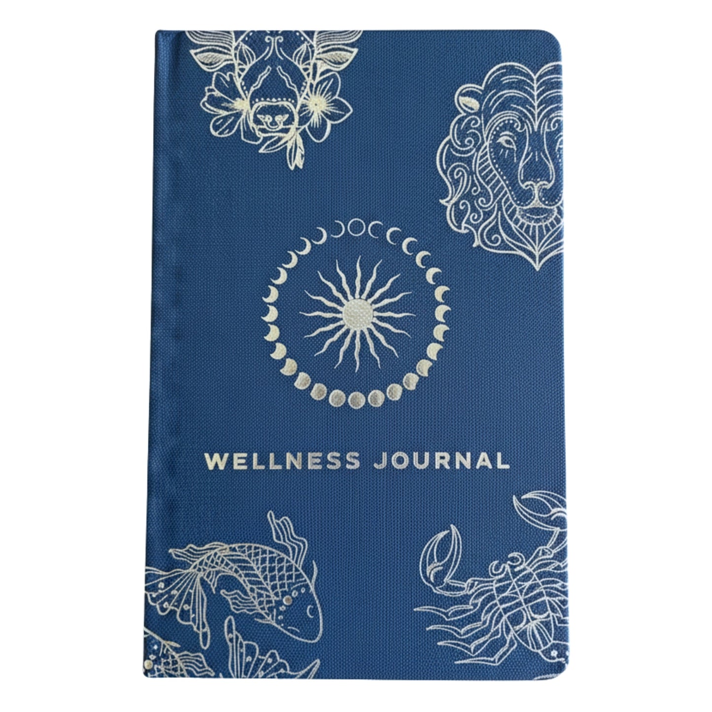 Wellness Journal - A5 - Midnight Blue and Silver Zodiac, front cover with silver celestial, floral and animal designs by Quintessential Holistic Health Ltd