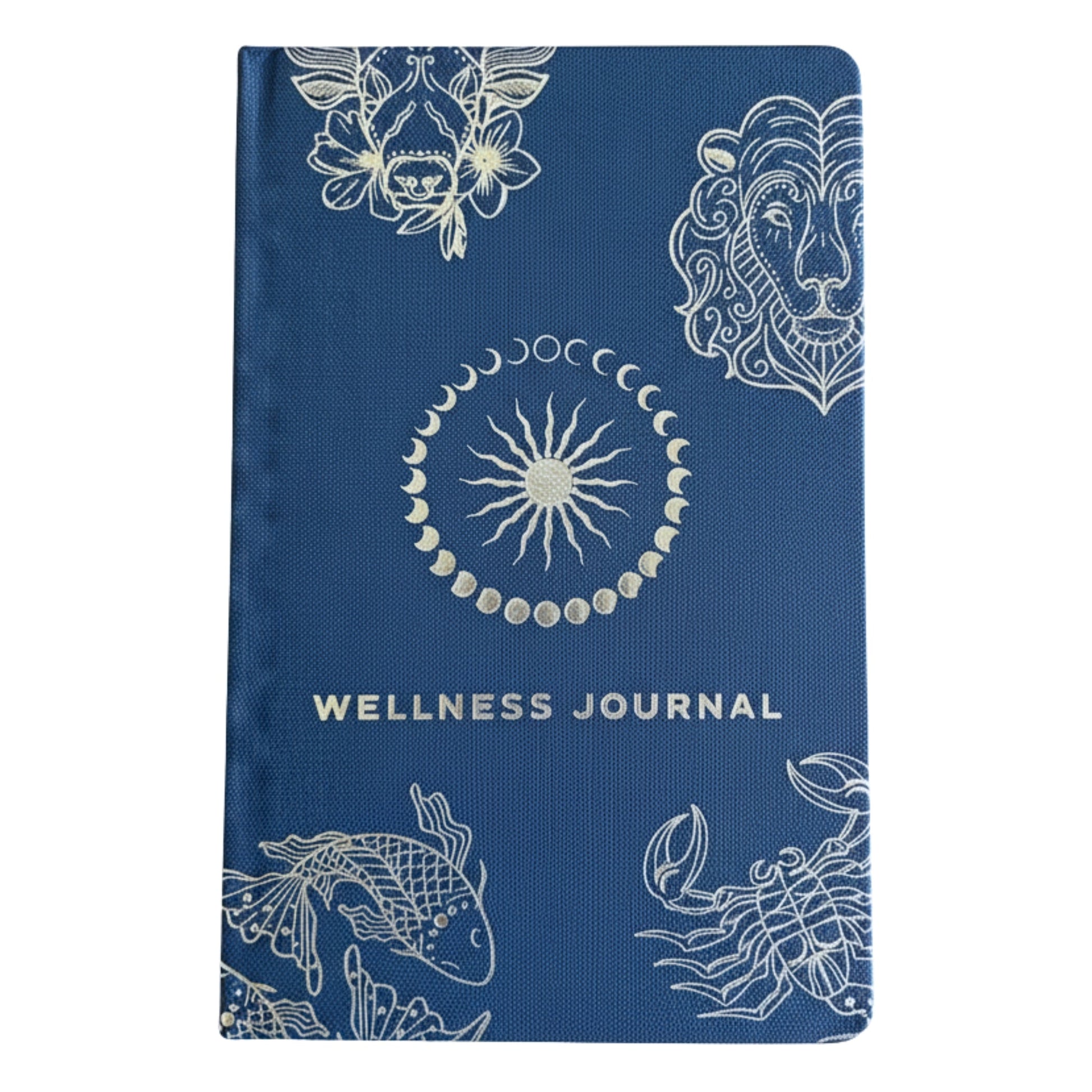 Wellness Journal - A5 - Midnight Blue and Silver Zodiac, front cover with silver celestial, floral and animal designs by Quintessential Holistic Health Ltd