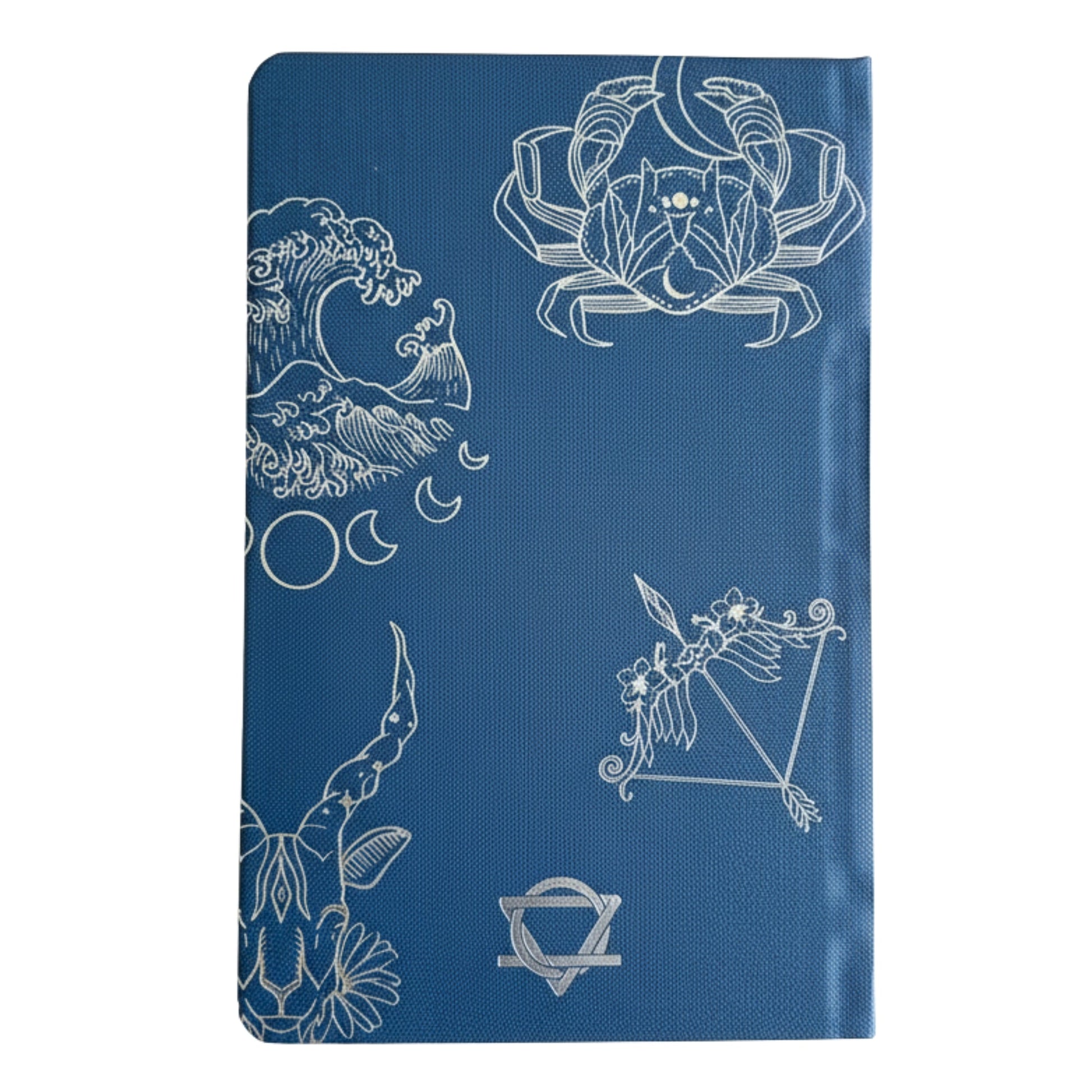Wellness Journal - A5 - Midnight Blue and Silver Zodiac, back cover with silver flowers, moon phases, waves and figures by Quintessential Holistic Health Ltd