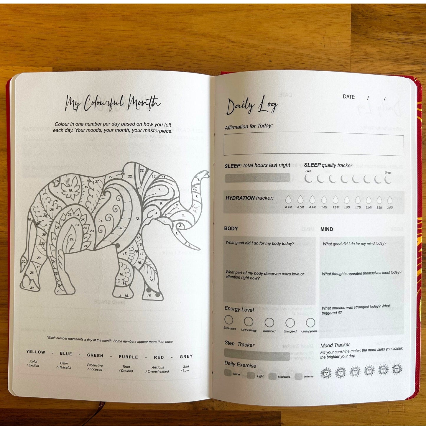 Wellness Journal - A5 - Midnight Blue and Silver Zodiac, open to an elephant illustration and daily log pages by Quintessential Holistic Health Ltd
