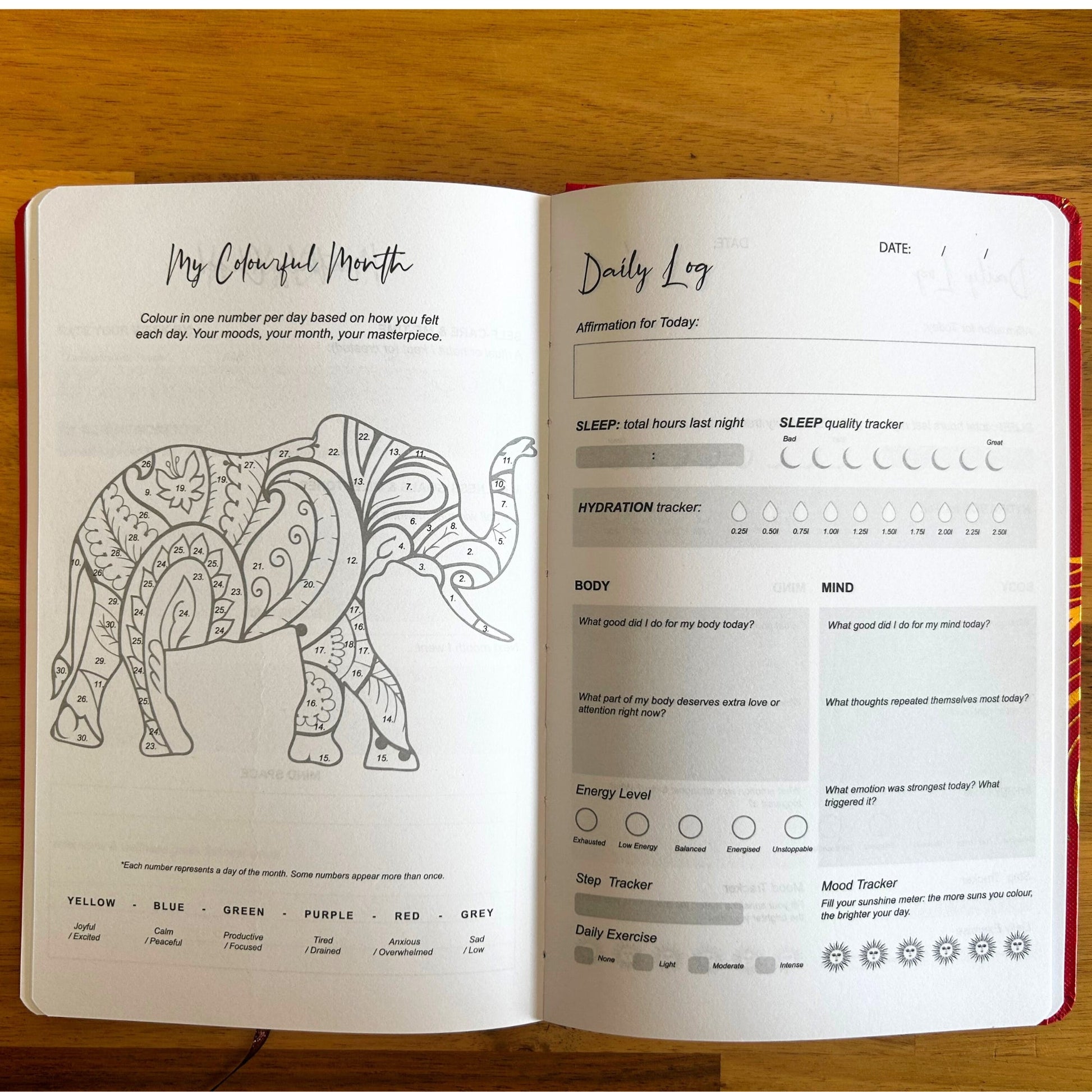Wellness Journal - A5 - Midnight Blue and Silver Zodiac, open to an elephant illustration and daily log pages by Quintessential Holistic Health Ltd